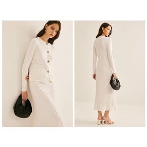 Commense Cardigan Med Off White Ribbed Knit Gold Button Front Crew Neck Sweater